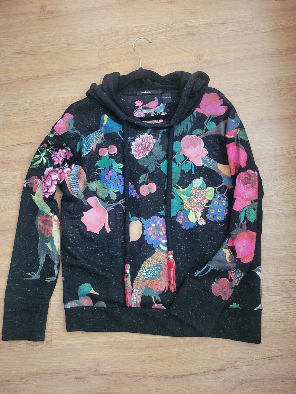 Desigual Black Floral & Bird Print Hoodie - Size L (Relaxed Fit)